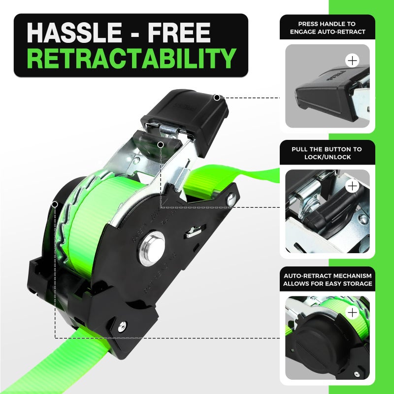 Autofonder Retractable Ratchet Straps with Soft Loops(4 Pack)-(1 500lb Break Strength) -1 Inch x 12 Feet Heavy Duty Auto Self Retracting Tie Down Strap for Truck  Cargo Trailer  Motorcycle  Rad & More - Image 3
